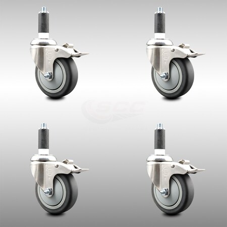 Service Caster 4 Inch 316SS Thermoplastic Rubber Swivel 1 Inch Stem Caster Set Lock Brake SCC-SS316TTLEX20S414-TPRB-1-4